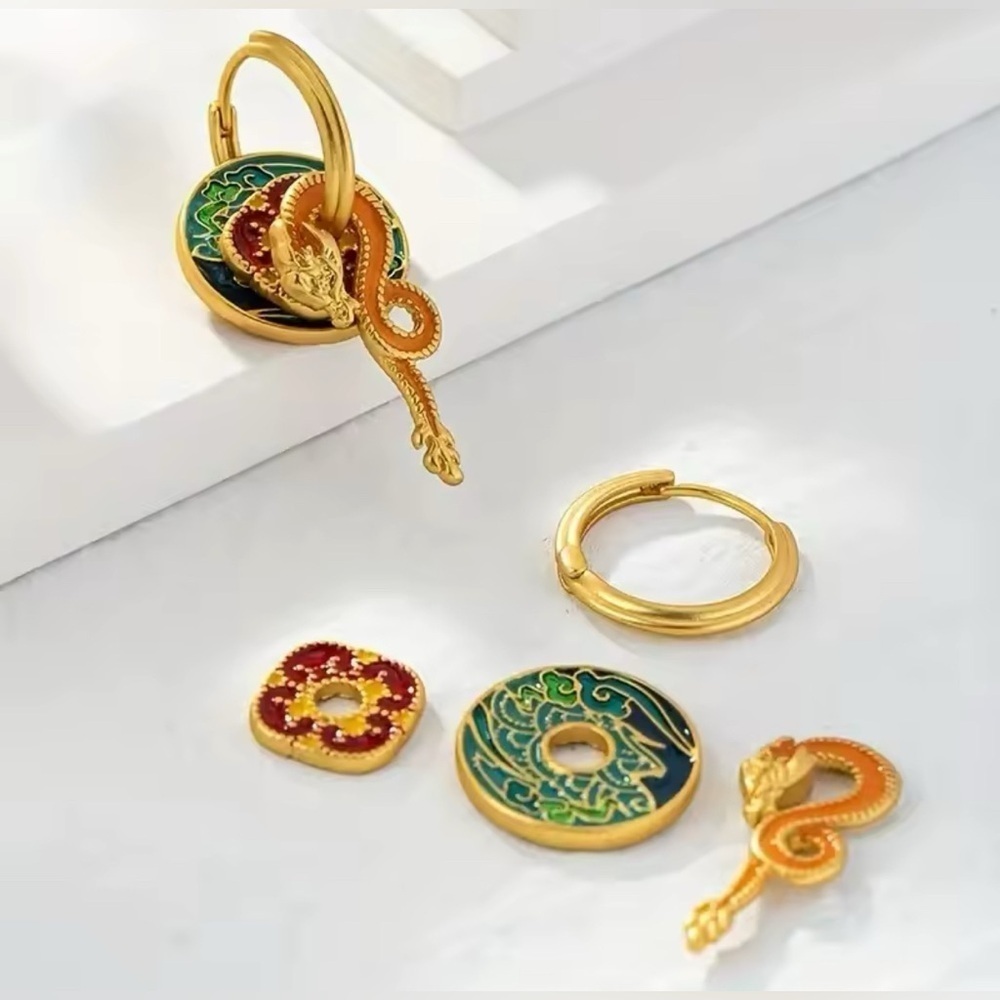 18K Gold Dragon Hoops With Interchangeable Chinese Ornate Design Rings